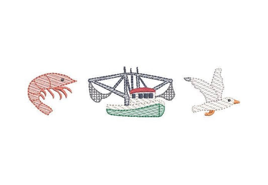 Shrimp, Boat, Seagull trio embroidered