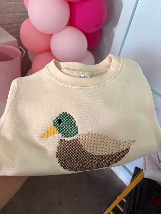 Cross-stich mallard toddler sweatshirt/bubbles